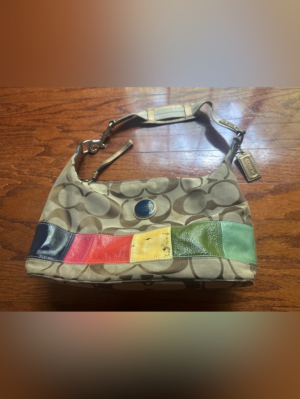 Coach Tan Signature Canvas Shoulder Bag with Multicolor Leather Patch